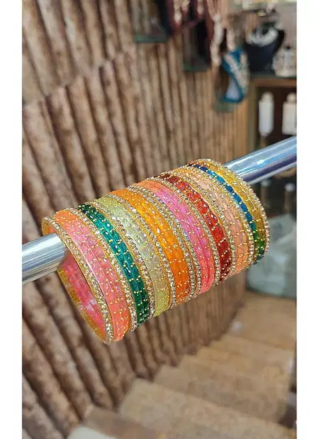 Multicolour Glass Bangle Set With Gold Stone Work Wholesale Market In Surat
